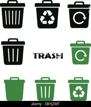 Schwarze und grüne Silhouettenabbildungen von Abfallbehältern mit Recycling-Symbolen Stock Vektor