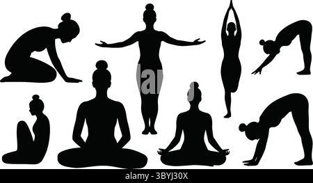Schwarz-weiß Silhouette Illustrationen von Yoga-Posen und Übungen Stock Vektor