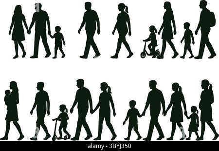 Schwarzweiß-Silhouette-Illustrationen von Familien, die zusammen spazieren gehen Stock Vektor