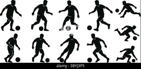 Schwarz-weiß-Silhouette-Illustrationen von Fußballspielern in verschiedenen Aktionen Stock Vektor