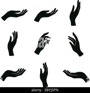 Schwarz-weiße Handgesten-Silhouetten: Verschiedene Posen und Bewegungen Stock Vektor