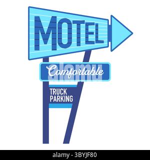 Blaues Motel-Schild mit einem großen MOTEL-Text und einem Pfeil für komfortable Zimmer und PARKPLÄTZE FÜR LASTWAGEN Stock Vektor