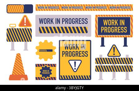 Sammlung von in Bearbeitung befindlichen Schildern Banner und Warnelemente mit Streifenkegeln und Warnsymbolen, ideal für Bau- und Entwicklungszwecke Stock Vektor