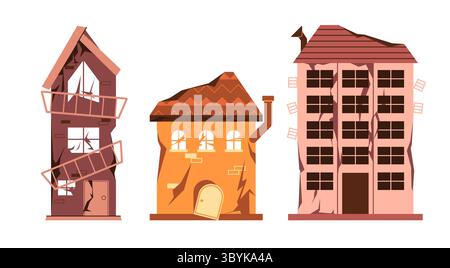 Alte beschädigte baufällige Häuser rissen Wände, kaputte Fenster, Dächer und strukturelle Schäden, die die Zerstörung der Verlassenheit darstellen Stock Vektor