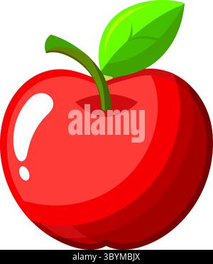 Eine lebendige Illustration im Cartoon-Stil eines hellroten Apfels mit glänzendem Finish, einem einzelnen grünen Blatt und einem braunen Stiel. Stock Vektor