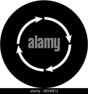 Eine minimalistische Grafik mit einem einfarbigen schwarzen Oval mit einem weißen kreisförmigen Pfeilmuster innen, das auf Bewegung oder einen Zyklus hinweist. Stock Vektor