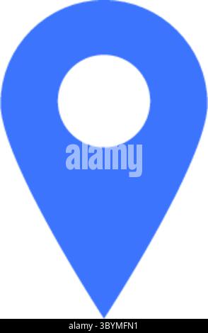 Ein minimalistisches, durchgehend blaues Kartenmarkierungssymbol oder ein Positionsnadel-Symbol mit einem weißen Kreis in der Mitte vor einem sauberen weißen Hintergrund. Stock Vektor