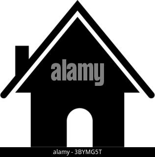 Ein minimalistisches schwarzes Symbol, das ein Haus mit einem geneigten Dach, einem einzigen Kamin und einem bogenförmigen Eingang darstellt. Sauberes und modernes Design. Stock Vektor