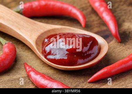 Holzlöffel mit heißer Pfefferpaste unter frischen Chilischoten Stockfoto