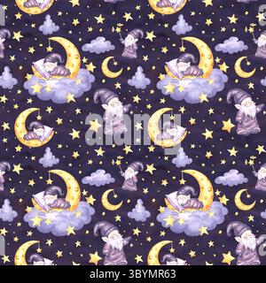 Niedliche Zwerge schlafen auf Halbmond in Wolken mit nahtlosem Sternenmuster für Kinder. Handgezeichnete Illustration Elfen aus Märchenträumen Stockfoto