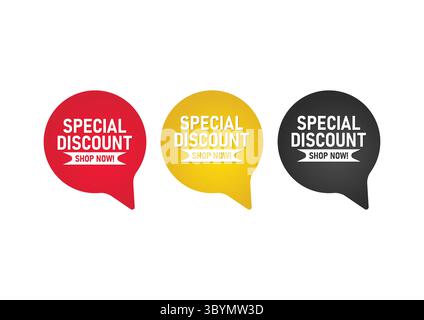 Spezielle Rabattetiketten in Rot, Gelb und Schwarz mit Sprechblasen Stock Vektor