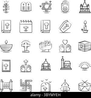 Kirchliche Vektorsymbole. Symbol des Kirchengebäudes. Kapellensymbole. Kirchensilhouetten Stock Vektor