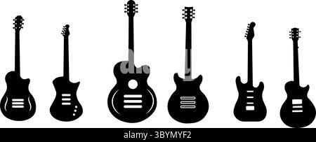 Eine Reihe schwarzer Gitarren-Silhouetten. Vektorgitarren auf weißem Hintergrund. Symbole für klassische E-Gitarren für einen Laden oder eine Musikanwendung Stock Vektor