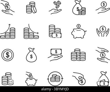 Set von Positionssymbolen für Einkommen, Gehalt, Geld, Unternehmen. Sammlung von Gliederungssymbolen. Bearbeitbare Kontur. Vektorabbildung Stock Vektor
