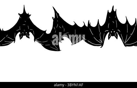 Fledermäuse mit geflochtenen Flügeln fliegen. Digitale Illustration. Nahtloser horizontaler Rahmen, Muster, isoliert auf grauem Hintergrund. Weihnachten, Halloween-Thema für Stockfoto