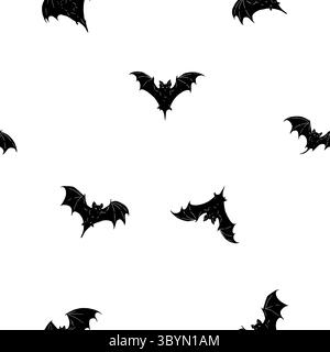 Fledermäuse mit geflochtenen Flügeln fliegen. Digitale Illustration. Nahtloses Muster, isoliert auf weißem Hintergrund. Weihnachten, Halloween-Thema für Postkarten Stockfoto