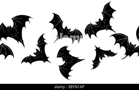 Fledermäuse mit geflochtenen Flügeln fliegen. Digitale Illustration. Nahtloser horizontaler Rahmen, Muster, isoliert auf grauem Hintergrund. Weihnachten, Halloween-Thema für Stockfoto
