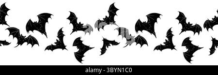Fledermäuse mit geflochtenen Flügeln fliegen. Digitale Illustration. Nahtloser horizontaler Rahmen, Muster, isoliert auf grauem Hintergrund. Weihnachten, Halloween-Thema für Stockfoto