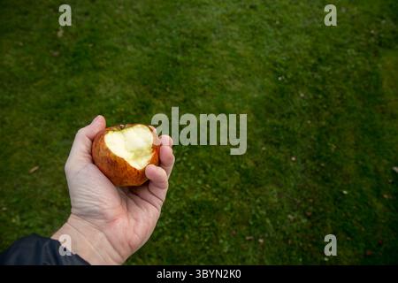 Männliche Hand hält gebissenen Apfel, frischen Bio- und süßen Apfel mit Kopierraum herum Stockfoto