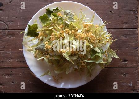 Goldene getrocknete Lindenblüten und -Blätter auf einem weißen Teller auf einem verwitterten Holztisch, die an natürliche Kräutertee-Zubereitung und rustikalen Saibling erinnern Stockfoto