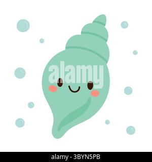 Verspielte Minzmeerschnecke mit Spiralschale und Lächeln, umgeben von Blasen auf weißem Hintergrund, perfekt für Unterwasser-Charakterkunst Stock Vektor