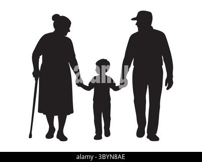 Schwarze Silhouette eines älteren Paares und Kindes, das Hände hält, isoliert auf weißem Hintergrund, grafische Illustration. Familienbegriff, Generationen, Bondin Stock Vektor