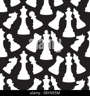 Kräftige weiße Silhouetten von Schachfiguren auf schwarzem nahtlosem Hintergrund. Auffälliges Design für Print-, Web- und Spielelemente. Stock Vektor