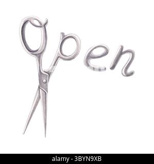 Wort „Open“ aus metallischen Buchstaben und Scheren. Handgemalte Aquarellillustration von Schildern auf weiß für Friseurläden Stockfoto