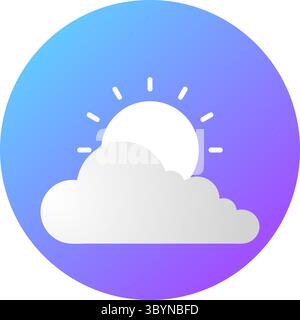 Ein lebendiges Wettersymbol, das eine weiße Wolke darstellt, die eine helle Sonne mit Strahlen teilweise verdeckt, vor einem blauen und lila kreisförmigen Hintergrund. Stock Vektor