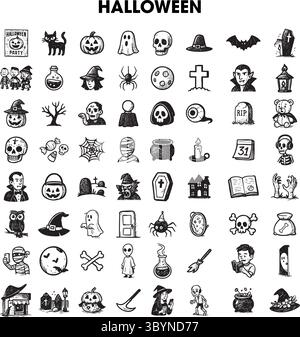 Set mit 64 Illustrationen zum Thema Halloween mit festlicher Dekoration und mythischen Kreaturen Stock Vektor