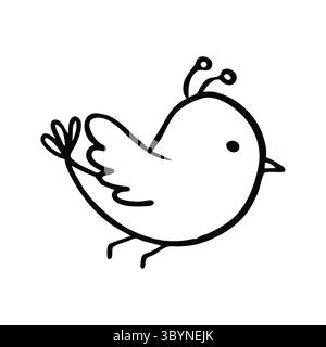 Skurrile schwarz-weiße Zeichentrickgrafik eines Vogels mit einzigartigen Antennen-ähnlichen Elementen, die einen verspielten Charme verleihen. Stock Vektor