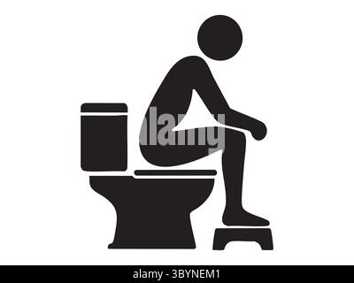 Schwarze Silhouette einer Person, die auf Toilette mit Fußhocker sitzt, isoliert auf weißem Hintergrund, grafische Illustration. Konzept des Toilettenhumors, Bad d Stock Vektor