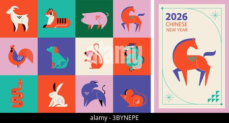 Chinesische Horoskop-Tierkreiszeichen-Kollektion, geometrischer minimalistischer Stil. Tiersymbole für das chinesische Neujahr. Stock Vektor