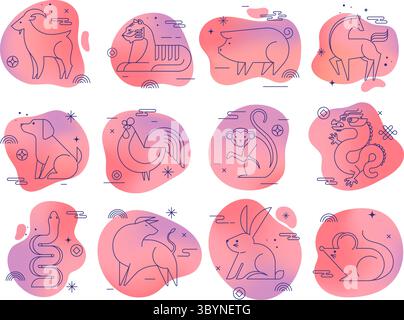 Chinesische Horoskop Tierkreiszeichen Kollektion, geometrischer linearer minimalistischer Stil mit Farbverlauf. Tiersymbole für das chinesische Neujahr. Stock Vektor