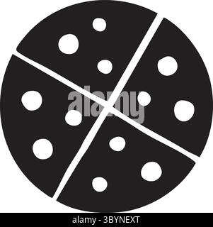 Schwarze Silhouette der geschnittenen Pizza mit Belag von oben, isoliert auf weißem Hintergrund, grafische Illustration. Konzept von Fast Food, italienischer cu Stock Vektor