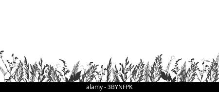 Mit Blumen und Zweigen auf der Wiese, schwarze Silhouette auf weiß. Pflanzlicher Hintergrund. Herbarium. . Vektorabbildung Stock Vektor