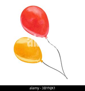 Aquarellillustration festlicher roter und gelber Ballons. Handgezeichnete Illustration auf weißem Hintergrund Stockfoto