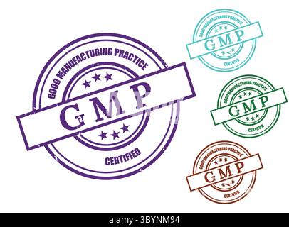 Ein GMP-zertifiziertes Kautschukstempelvektorset mit Good Manufacturing Practice (GMP)-Zertifizierung Stock Vektor