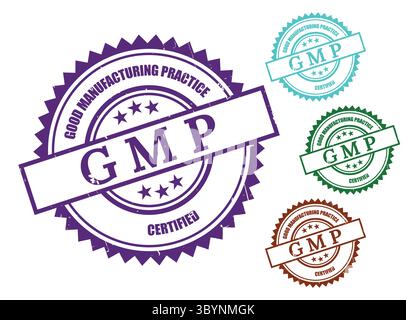 Ein GMP-zertifiziertes Etikettenpaket, Gummistempel-Vektorsatz für hochwertige Produktion Stock Vektor