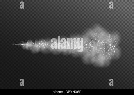 Dampfnebelwasser, luftiger Wasserstrahl isoliert auf schwarzem transparenten Hintergrund. Vektor-Realistyc-Illustration. Stock Vektor