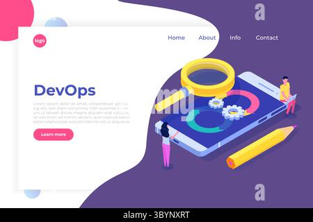 DevOps-Konzept. Anwendungsentwicklung, Erstellung. API-Prototyping, Programmierung und Testen. Vektorabbildung Stock Vektor