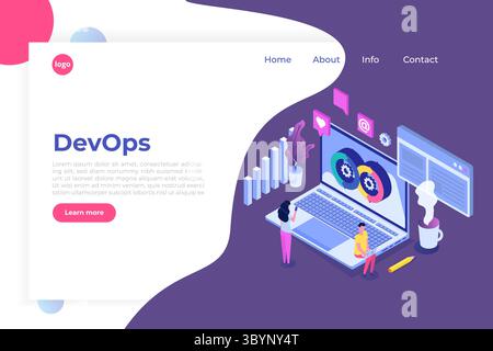 DevOps-Konzept. Anwendungsentwicklung, Erstellung. API-Prototyping, Programmierung und Testen. Abbildung des isometrischen Vektors Stock Vektor