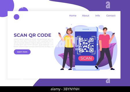 Menschen verwenden ein Smartphone zum Scannen von QR-Codes. Vorlage für Landing-Page. Vektorabbildung. Stock Vektor