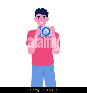 Fotograf oder Paparazzi, mit Fotokamera-Konzept. Vektorabwicklungsdarstellung. Stock Vektor