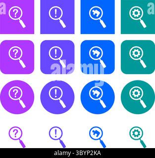 Eine Reihe von Symbolen für Kreativität, Ideen und Brainstorming. Lupe, Ausrüstung, Puzzle, Ausrufezeichen, Fragezeichen. Mehrfarbige Symbole Stock Vektor