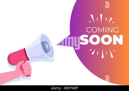 Hand hält Megaphon mit demnächst erscheinendem Speech buble-Schild. Vektorabbildung. Stock Vektor