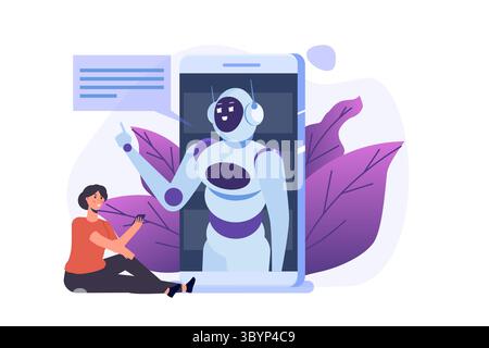 Chatbot-Konzept. Mann, der mit dem Roboter spricht. Customer Support Service Künstliche Intelligenz Dialog . Stock Vektor
