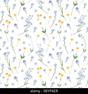 Handgemalte Vergissmeinnots und Buttercups in Aquarellfarben. Nahtloses Muster mit wilden Blumen auf weißem Hintergrund. Für Gruß- und Einladungskarten, Verpackung, Branding, Textil. Stockfoto