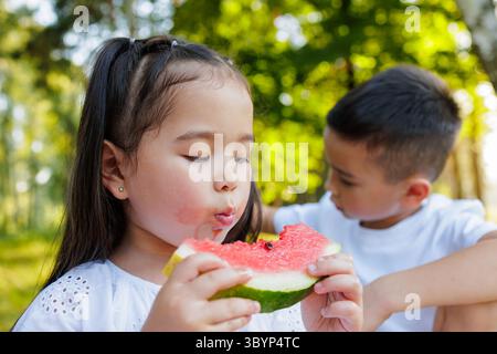 Nahaufnahme von Kindern, die Wassermelone beim Sommer-Picknick in der Natur essen glückliche Kindheitsmomente frische Früchte Outdoor Lifestyle Stockfoto