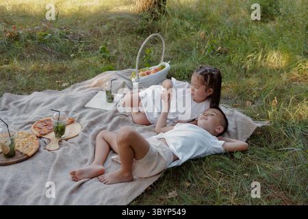 Bruder und Schwester genießen ein entspannendes Picknick im Sommer im Park, bei dem sie die Zeit und das Glück der Familie im Freien teilen Stockfoto